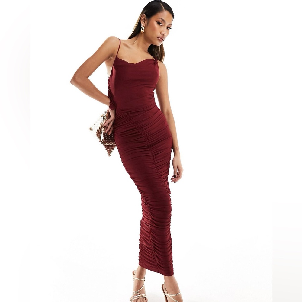 NWT ASOS Design cowl cami midi dress with diagonally ruched skirt in wine size 8